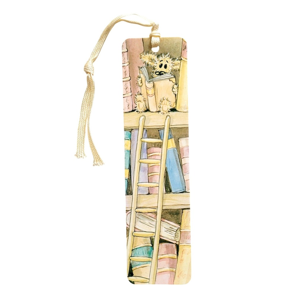 Vintage 90s Russ Berrie Bookmark Fuzzy Teddy Bear Library Ladder Reading # 13586
